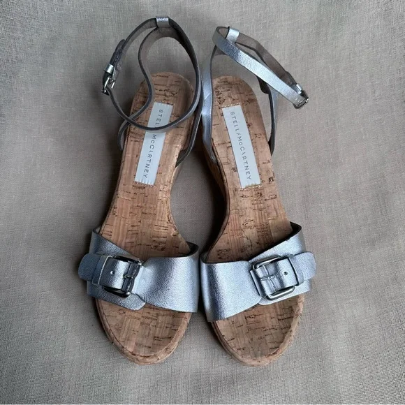Stella McCartney Linda Cork Platform Metallic Silver Strappy Sandals 37